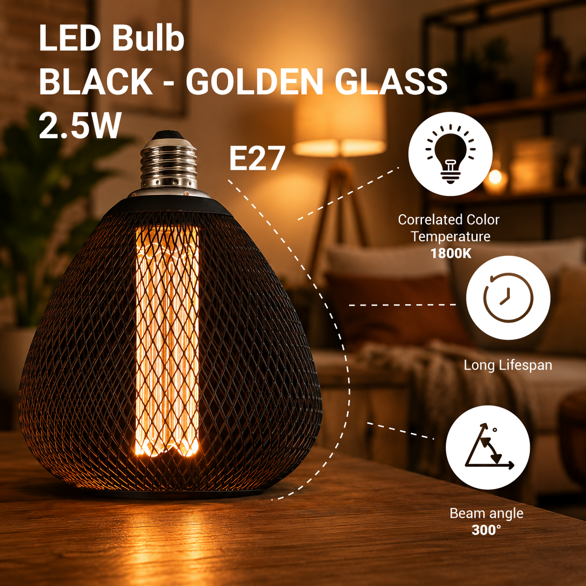 LED Bulb E27 2.5W BLACK - GOLDEN GLASS - product view