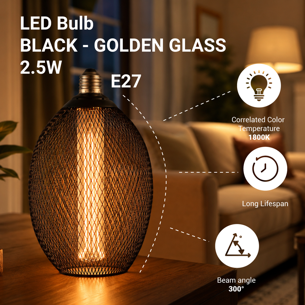 LED Bulb E27 2.5W BLACK - GOLDEN GLASS - product view