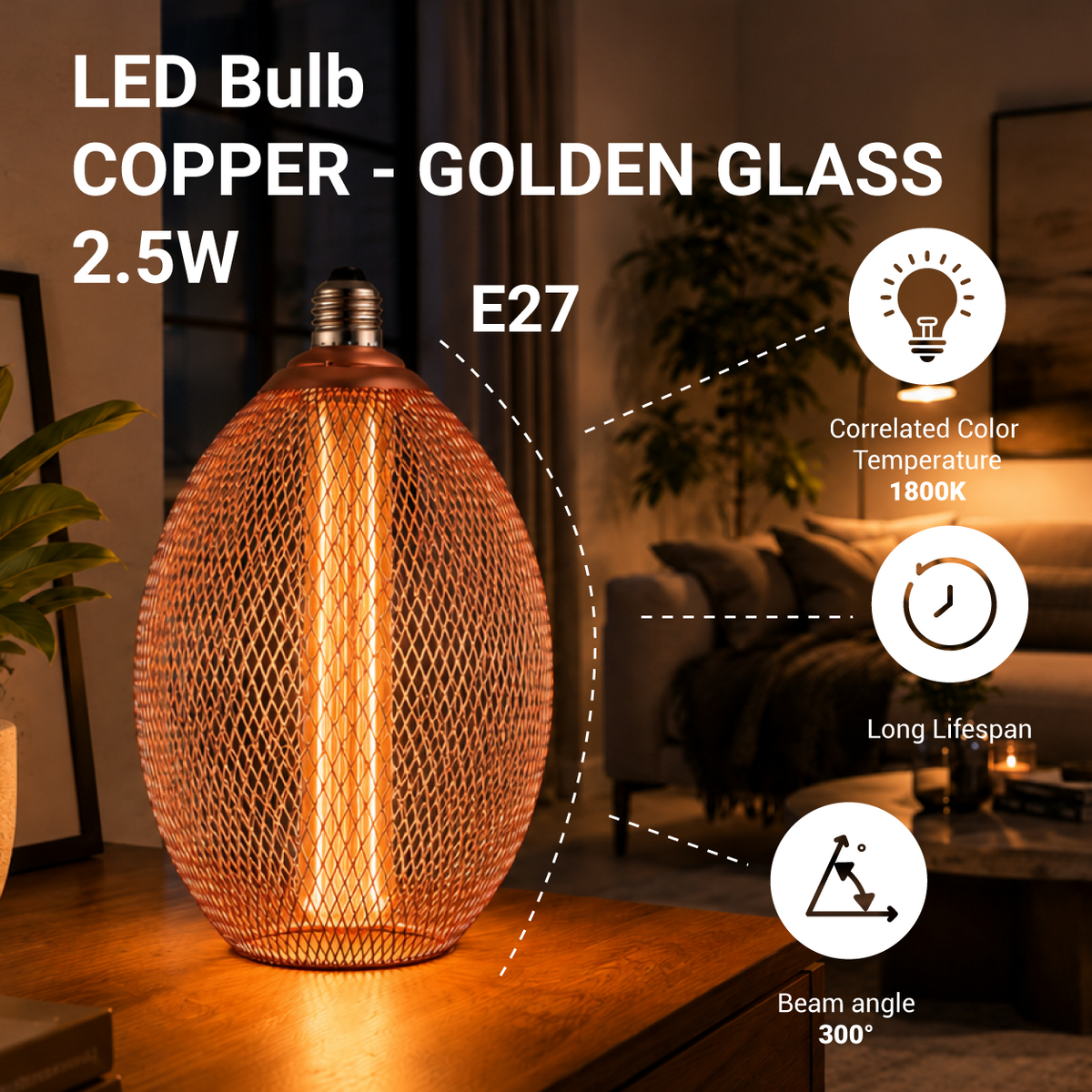 LED Bulb E27 2.5W COPPER - GOLDEN GLASS - product view