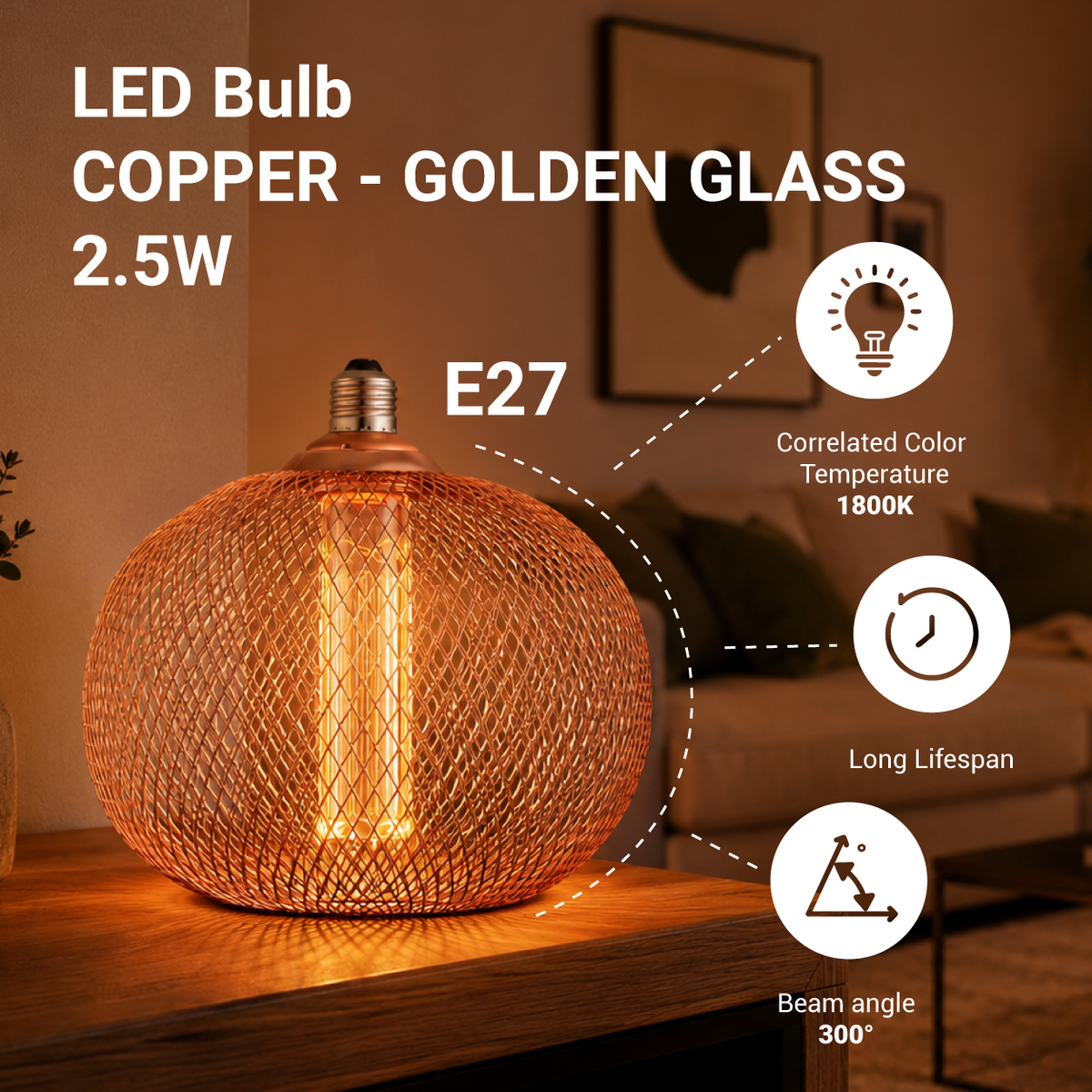 LED Bulb E27 2.5W COPPER - GOLDEN GLASS - product view