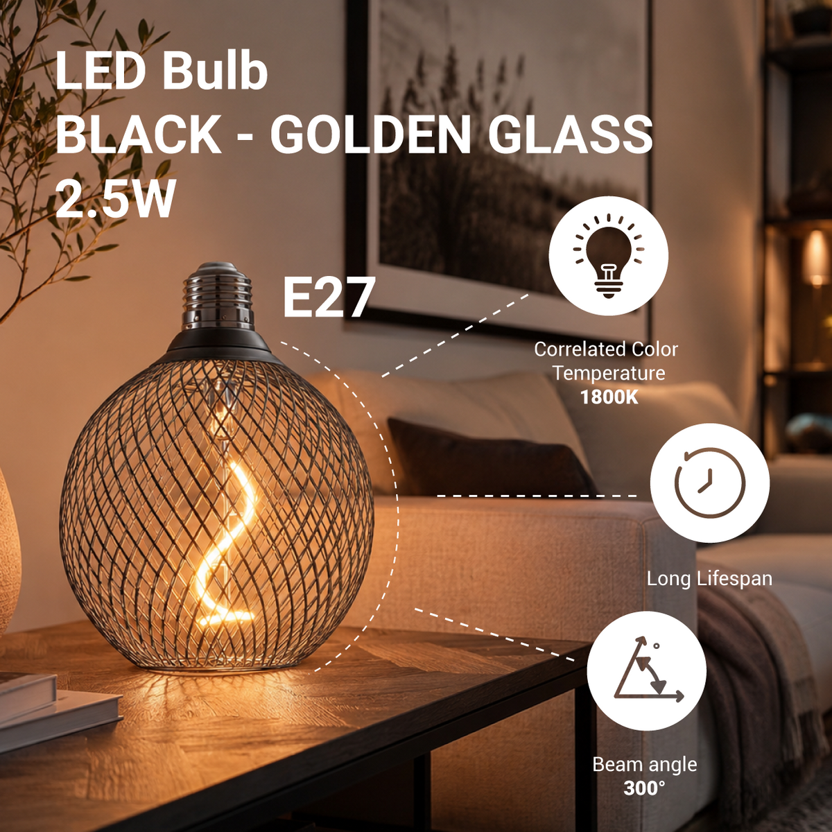 LED Bulb E27 2.5W BLACK - GOLDEN GLASS - product view