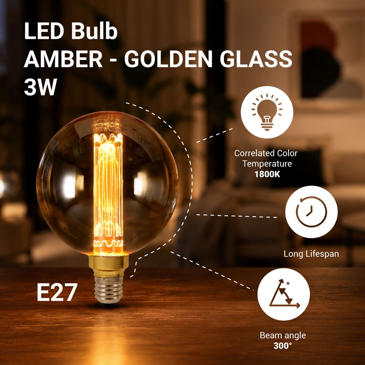 LED Bulb E27 3W AMBER - GOLDEN GLASS - product view