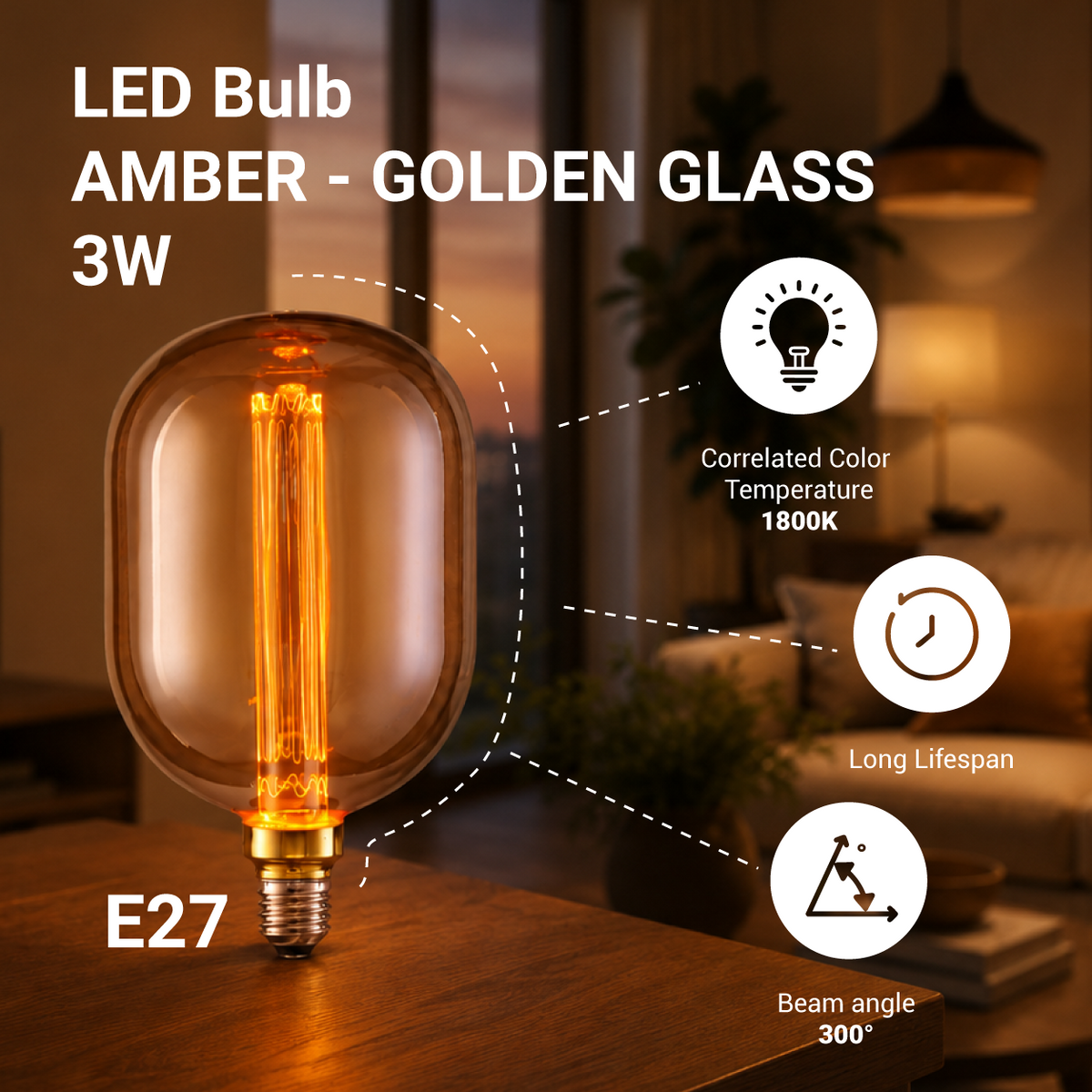 LED Bulb E27 3W AMBER - GOLDEN GLASS - product view
