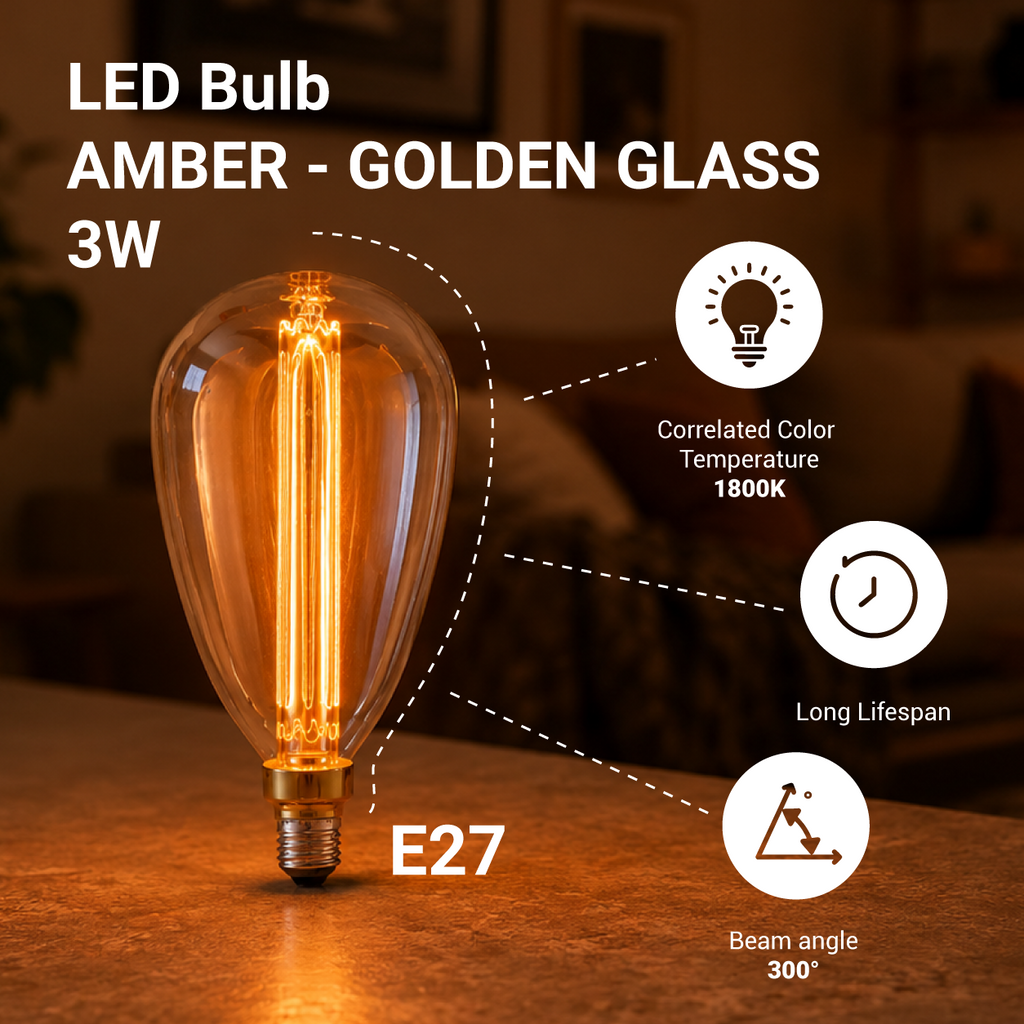 LED Bulb E27 3W AMBER - GOLDEN GLASS - product view