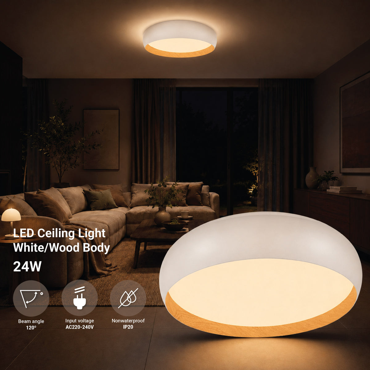 LED Ceiling Light 36W White/Wood Body CCT - product view
