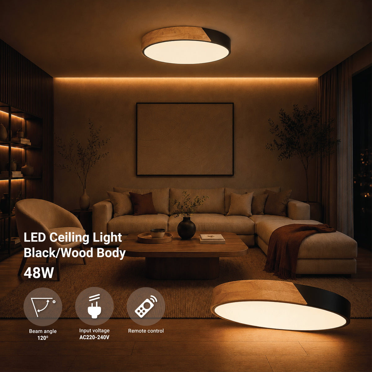 LED Ceiling Light 48W Black/Wood Body CCT + Remote Control - product view