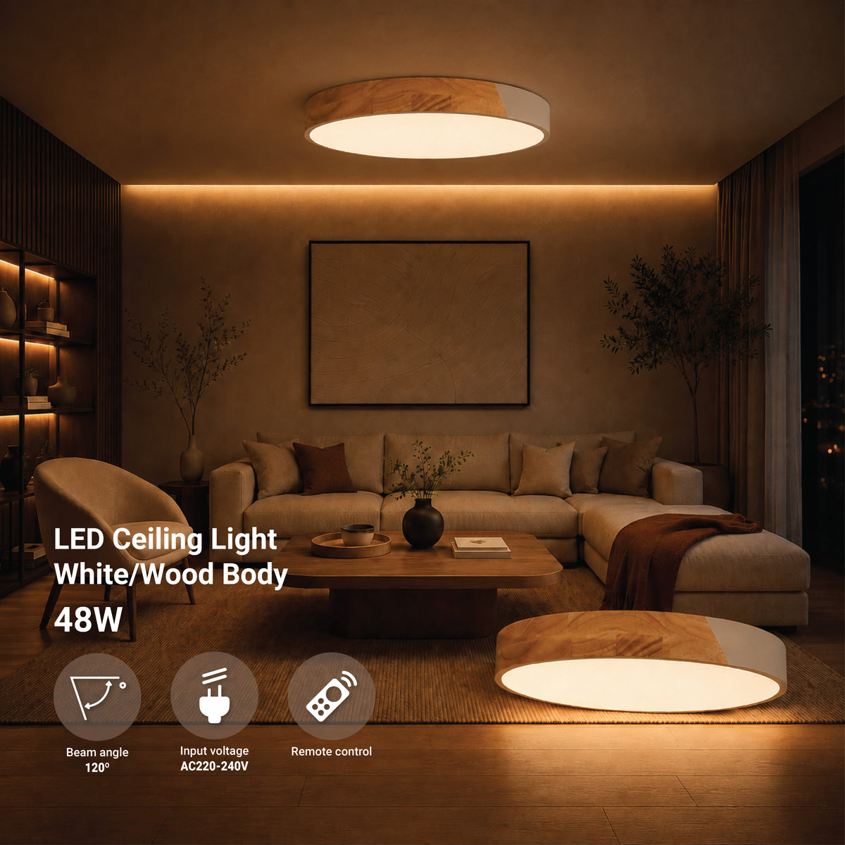 LED Ceiling Light 48W White/Wood Body CCT + Remote Control - product view