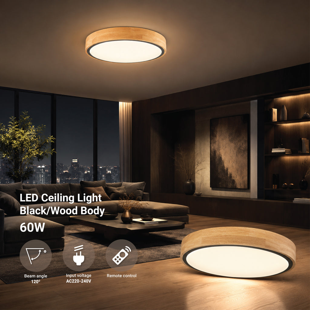 LED Ceiling Light 60W Black/Wood Body CCT + Remote Control - product view