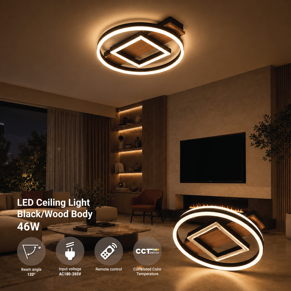 LED Ceiling Light 46W Black/Wood Body CCT + Remote Control - product view