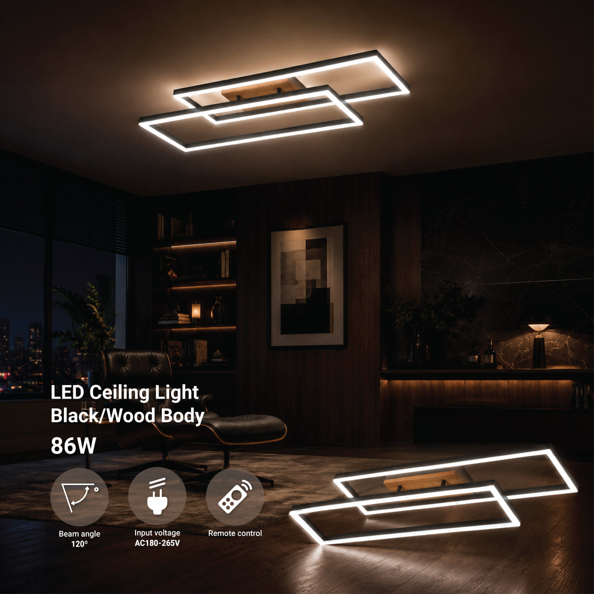LED Ceiling Light 86W Black/Wood Body CCT + Remote Control - product view