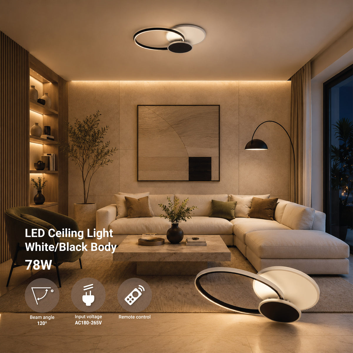LED Ceiling Light 78W White/Black Body CCT + Remote Control - product view
