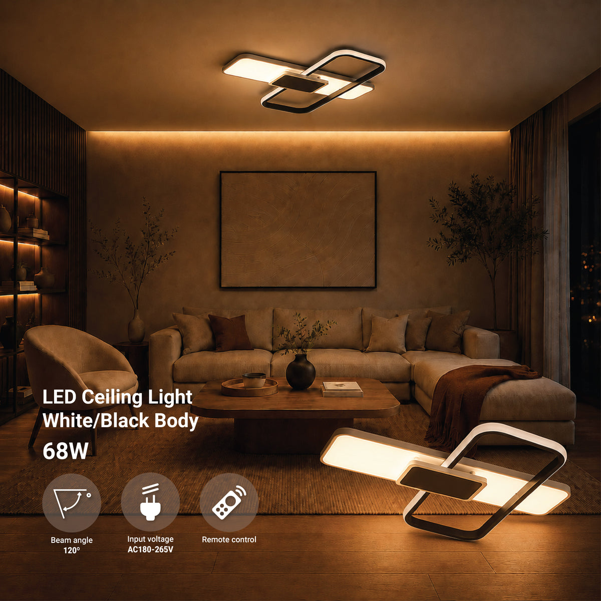 LED Ceiling Light 68W White/Black Body CCT + Remote Control - product view