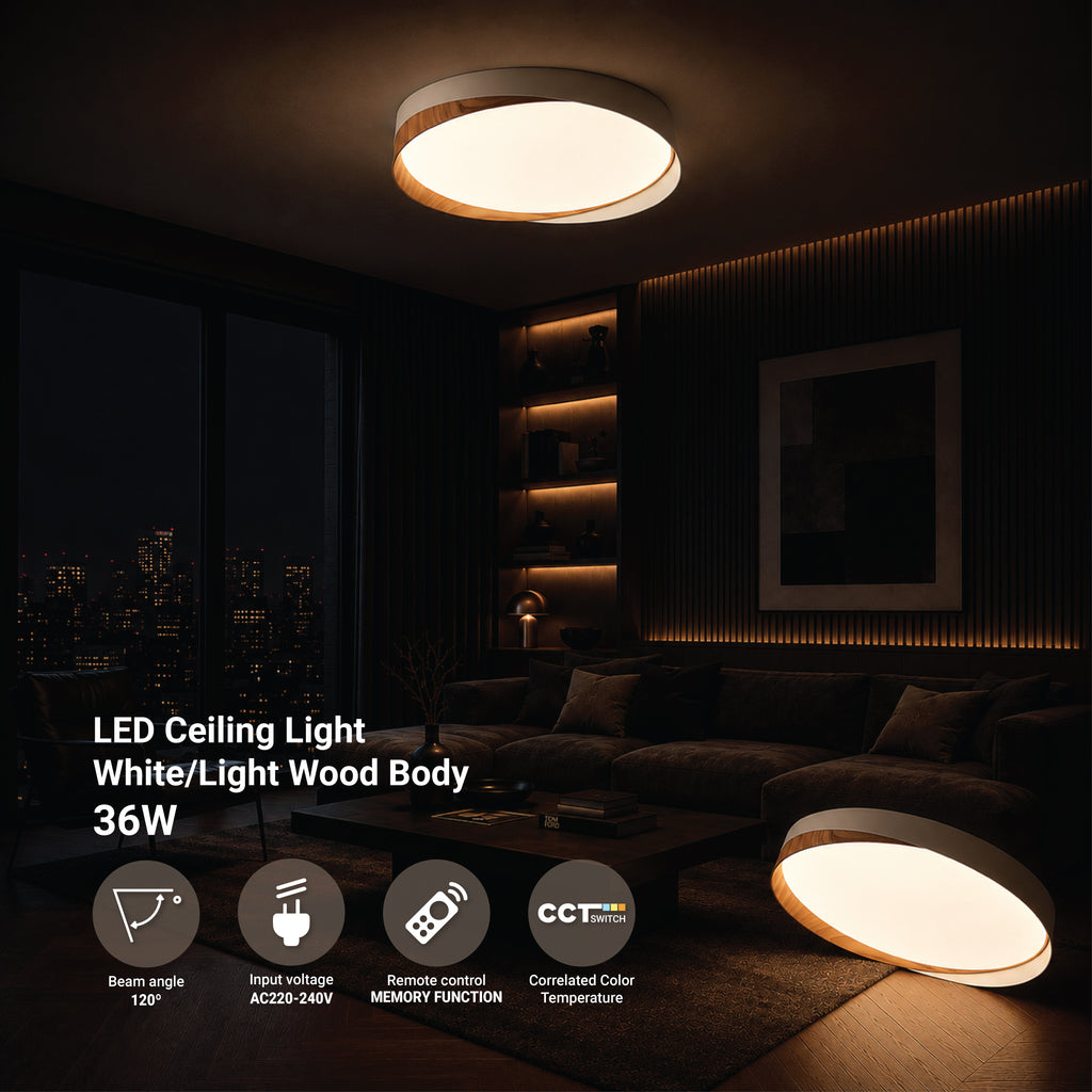 LED Ceiling Light White/Light Wood 36W 3CCT-Memory + Remote Control - product view