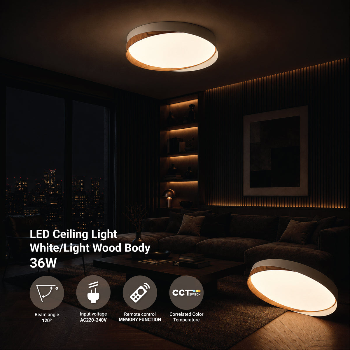 LED Ceiling Light White/Light Wood 36W 3CCT-Memory + Remote Control - product view