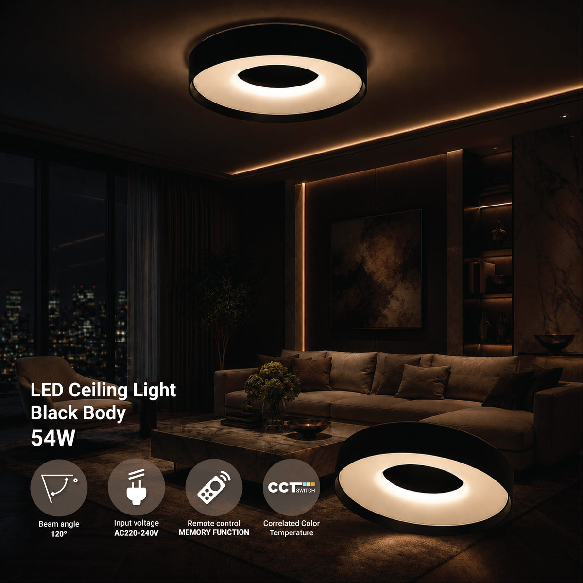 LED Ceiling Light Black 54W 3CCT-Memory + Remote Control - product view