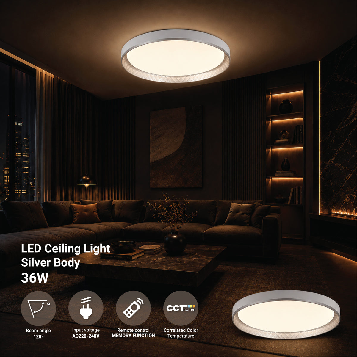 LED Ceiling Light Silver 36W 3CCT-Memory + Remote Control - product view