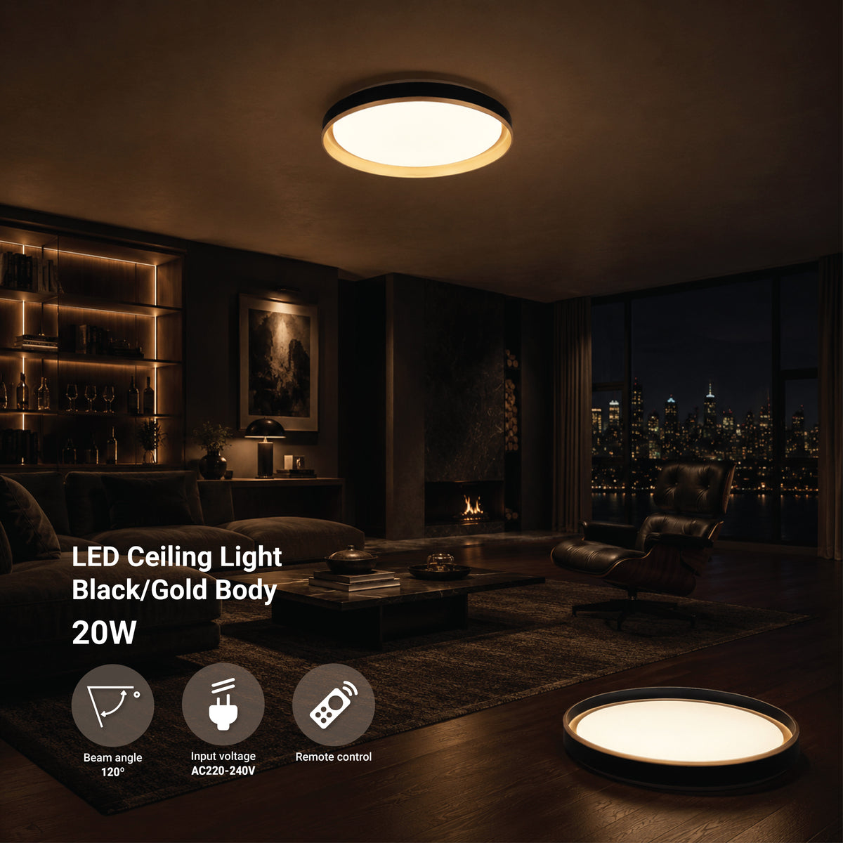 LED Ceiling Light Black/Gold 36W 3CCT-Memory + Remote Control - product view