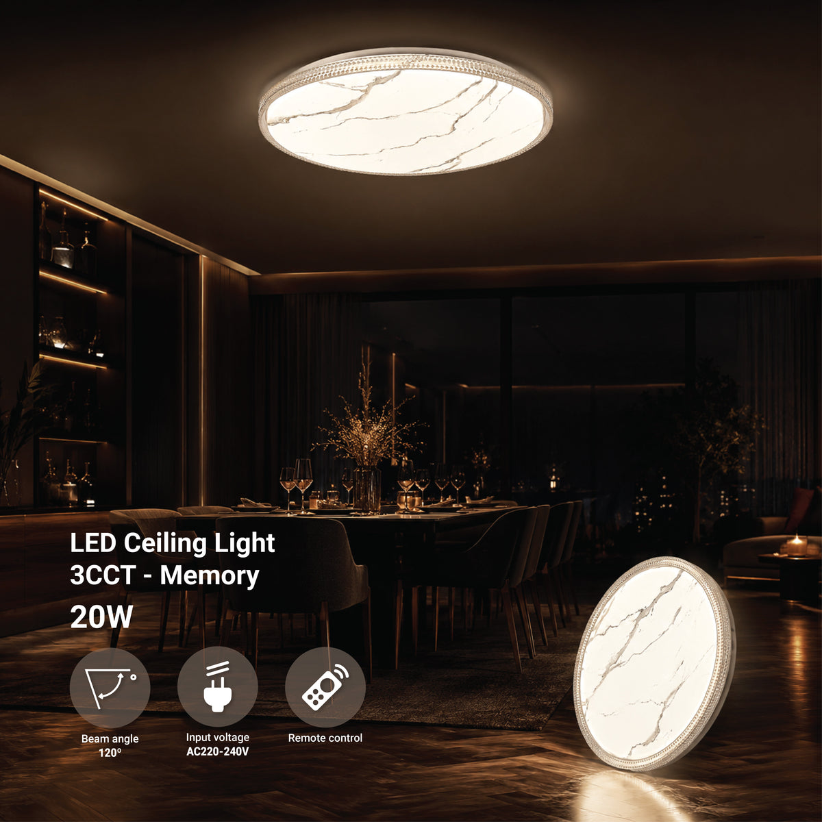 LED Ceiling Light 20W 3CCT-Memory + Remote Control - product view