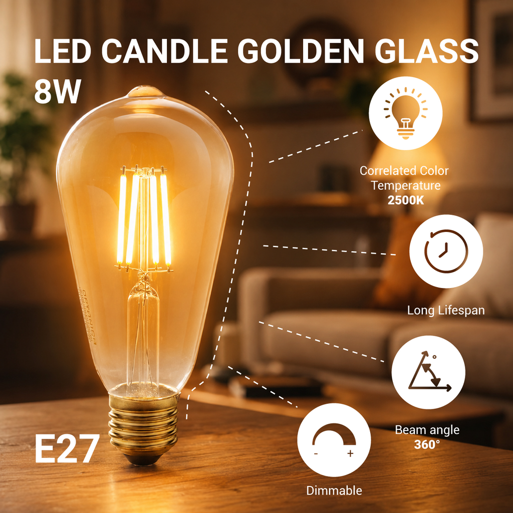 LED Candle ST64 8W Golden Glass Dimmable - product view