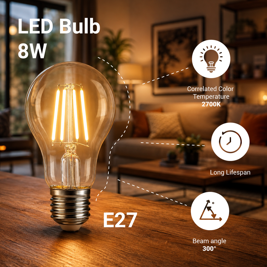 LED Bulb A60 8W Filament Clear Glass Dimmable - product view