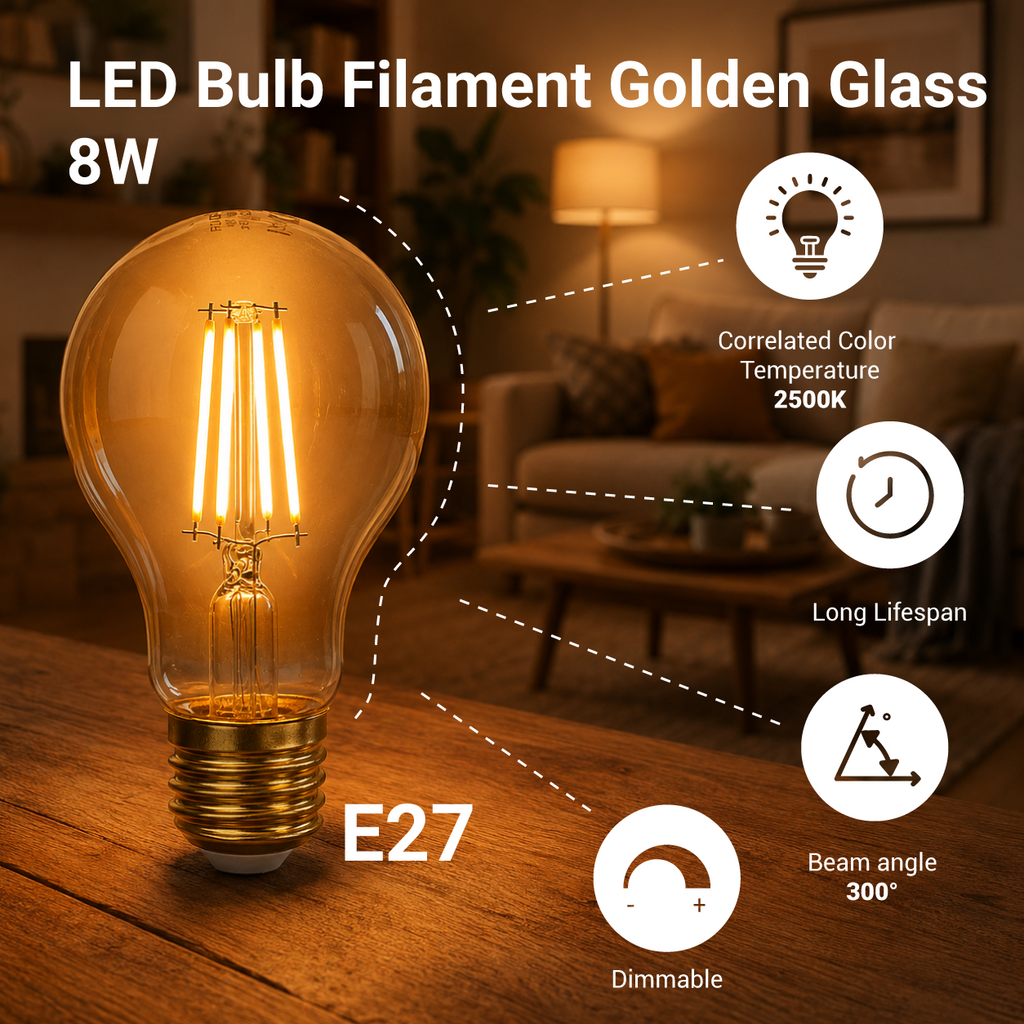 LED Bulb A60 8W Filament Golden Glass Dimmable - product view