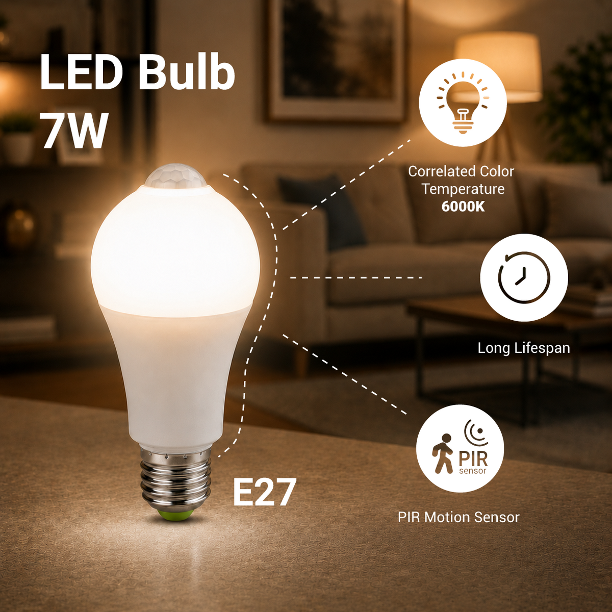 LED Bulb 7W E27 With PIR Motion Sensor - product view