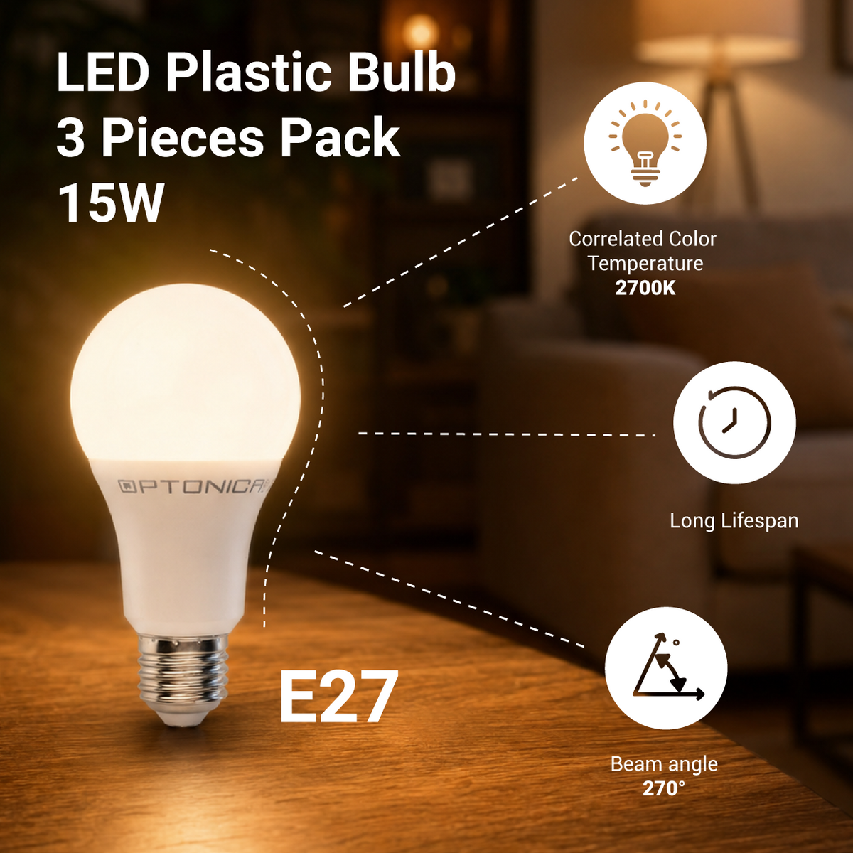 LED Plastic Bulb 3 Pieces Pack E27 A60 5 Years Warranty - product view