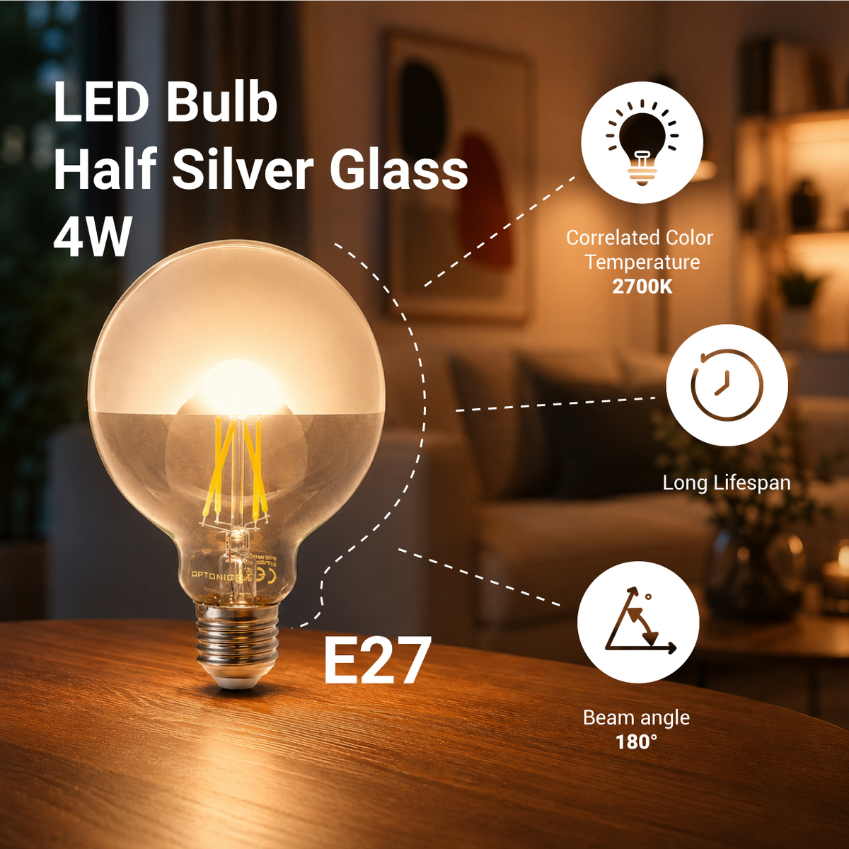 LED Bulb G95 E27 Half Silver Glass - product view
