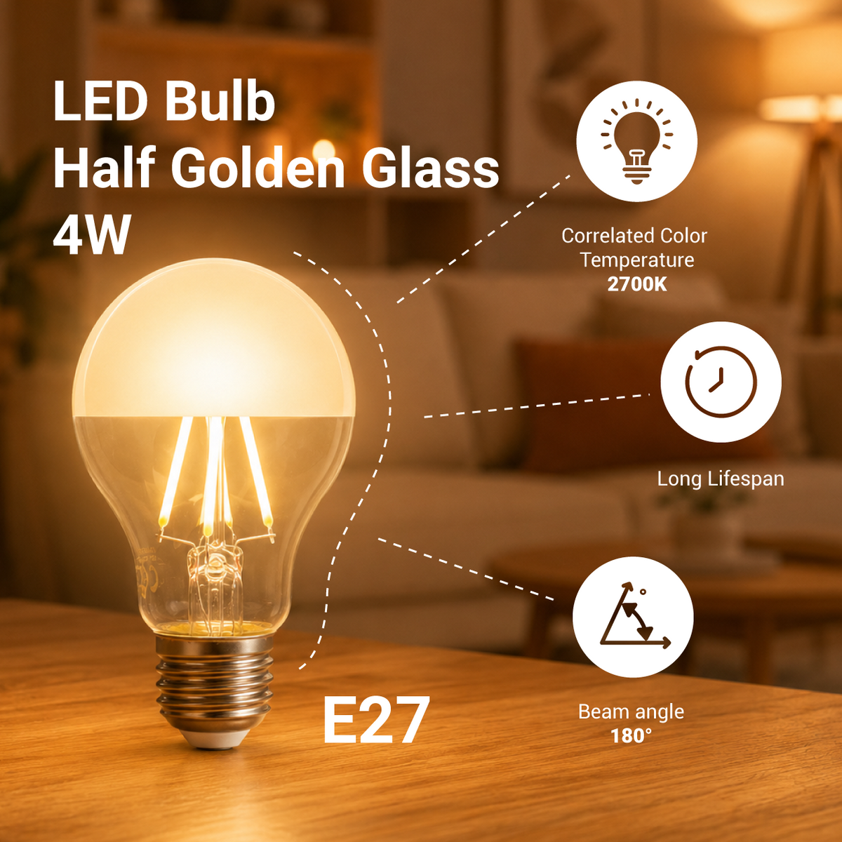 LED Bulb A60 Half Golden Glass - product view