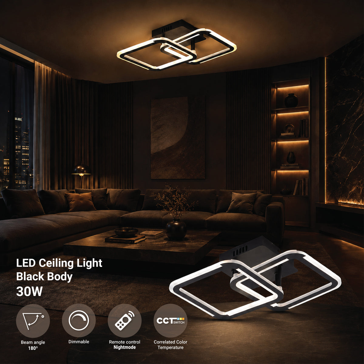 LED Ceiling Lamp CCT 30W Black Dimmable + Remote Control - product view