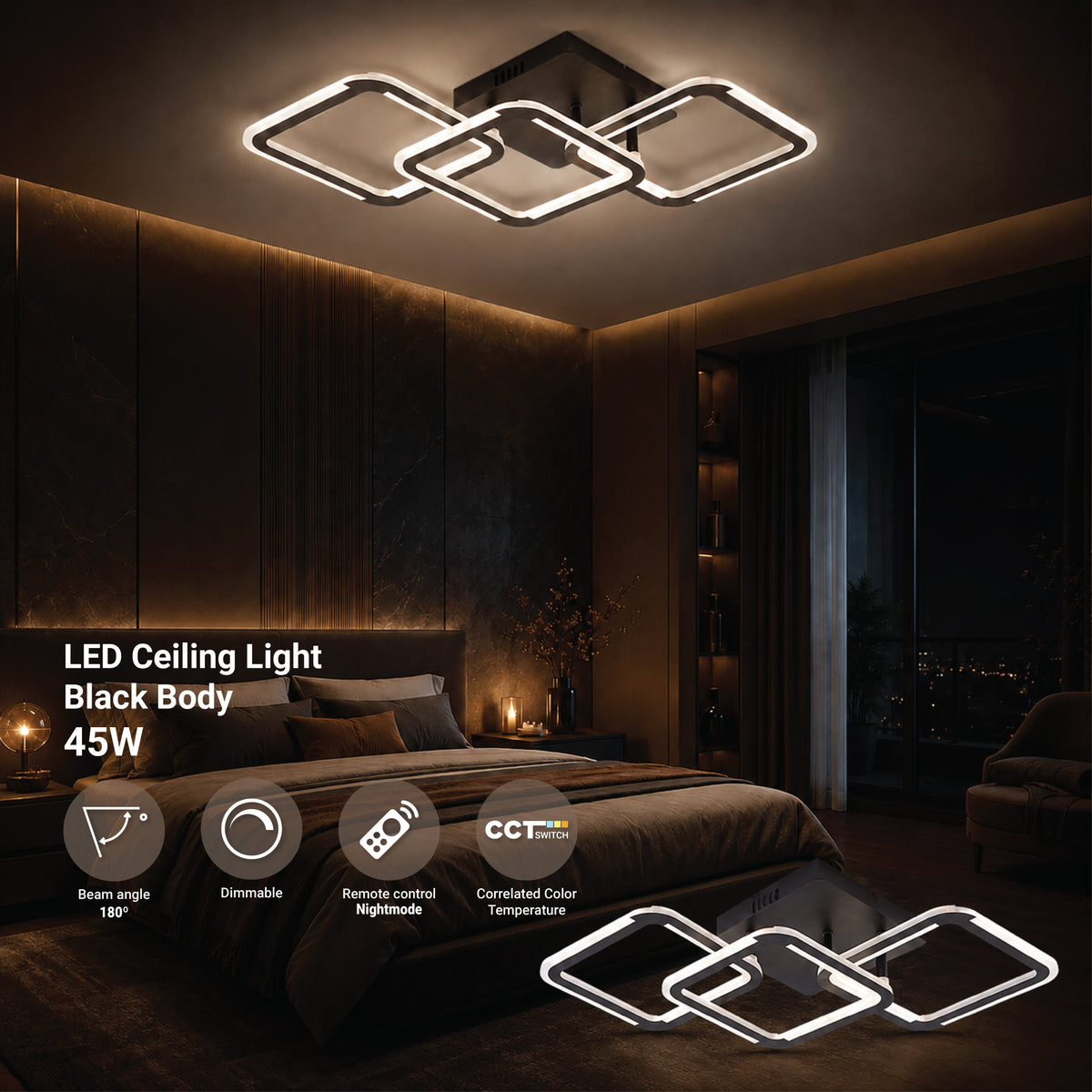 LED Ceiling Lamp CCT 45W Black Dimmable + Remote Control - product view
