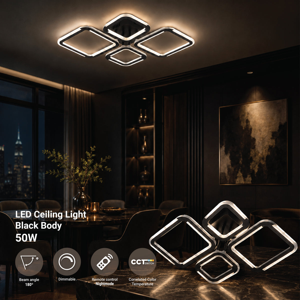 LED Ceiling Lamp CCT 50W Black Dimmable + Remote Control - product view