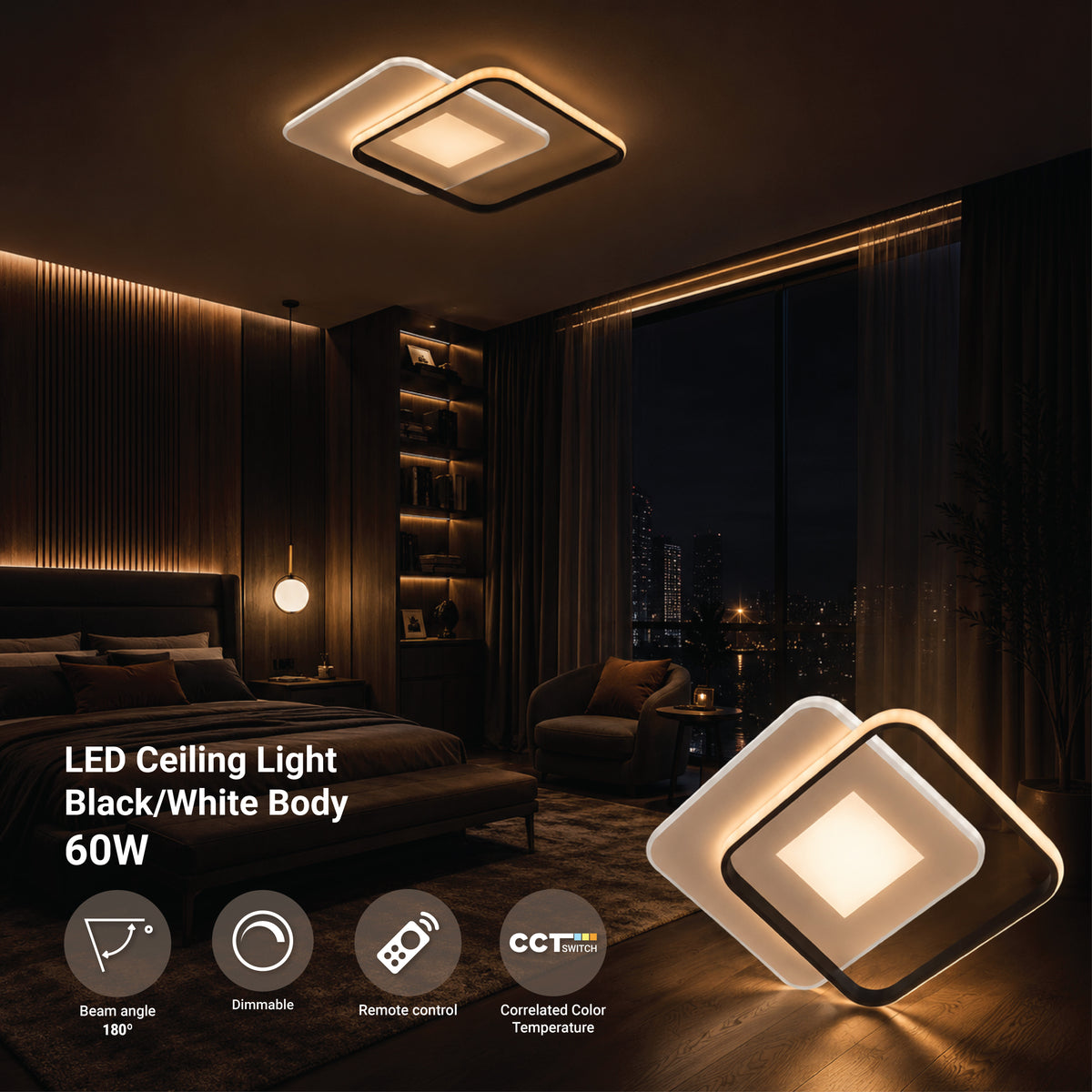 LED Ceiling Lamp CCT 60W White+Black Dimmable + Remote Control - product view