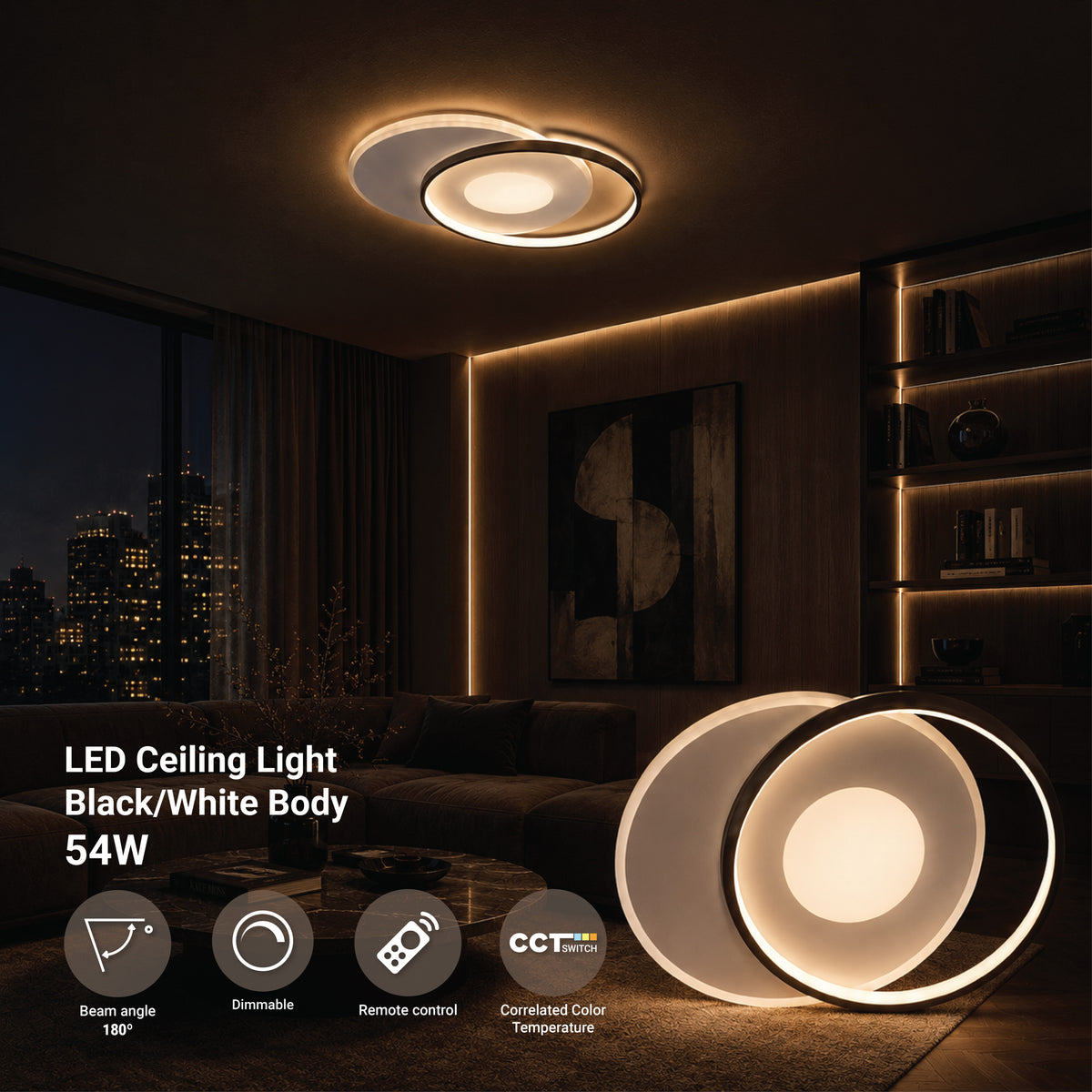 LED Ceiling Lamp CCT 54W White+Black Dimmable + Remote Control - product view