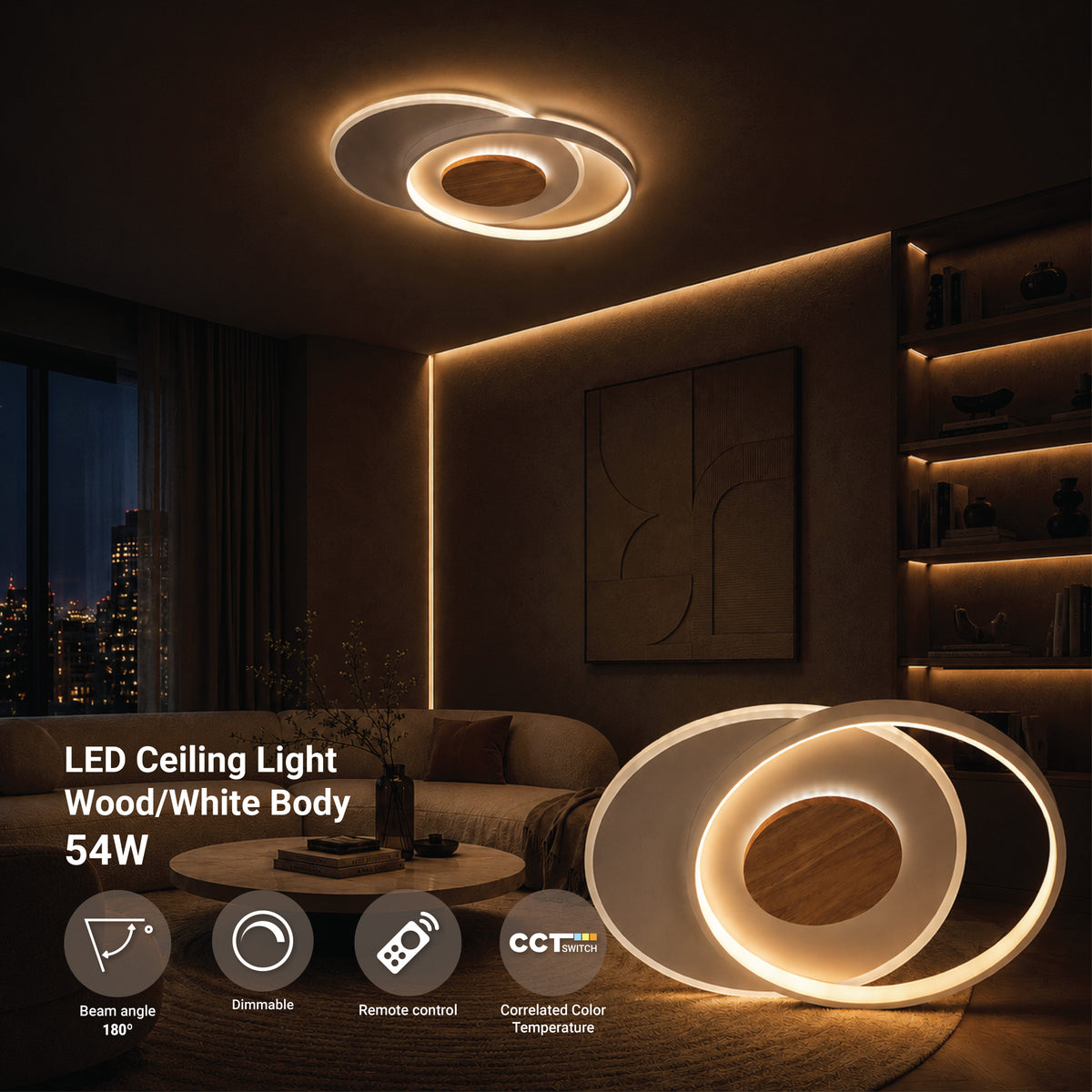 LED Ceiling Lamp CCT 54W White+Wood Dimmable + Remote Control - product view