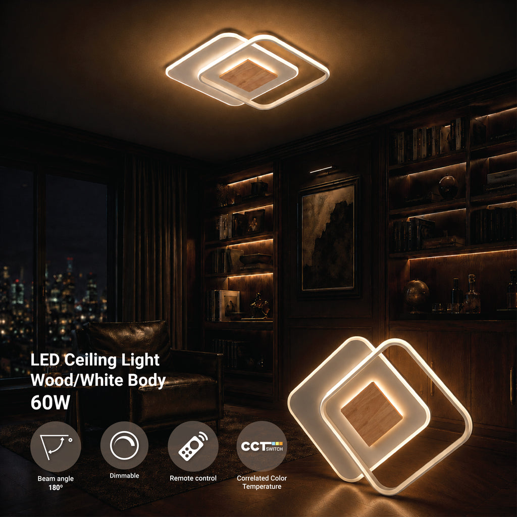 LED Ceiling Lamp CCT 60W White+Wood Dimmable + Remote Control - product view