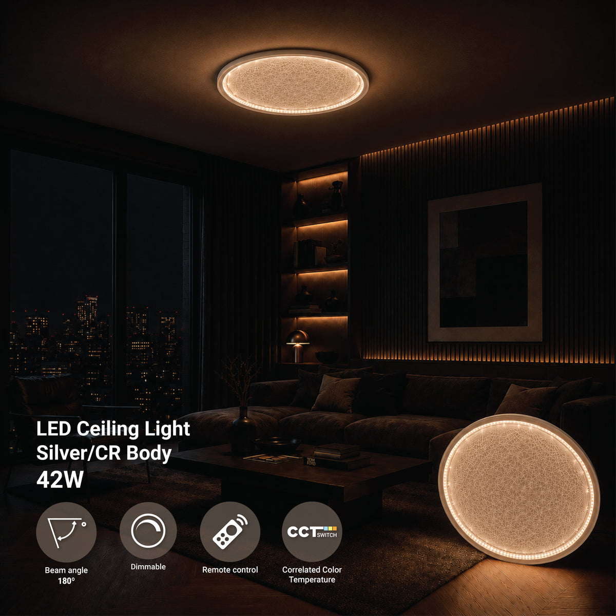 LED Ceiling Lamp CCT 42W Silver+CR Dimmable + Remote Control - product view