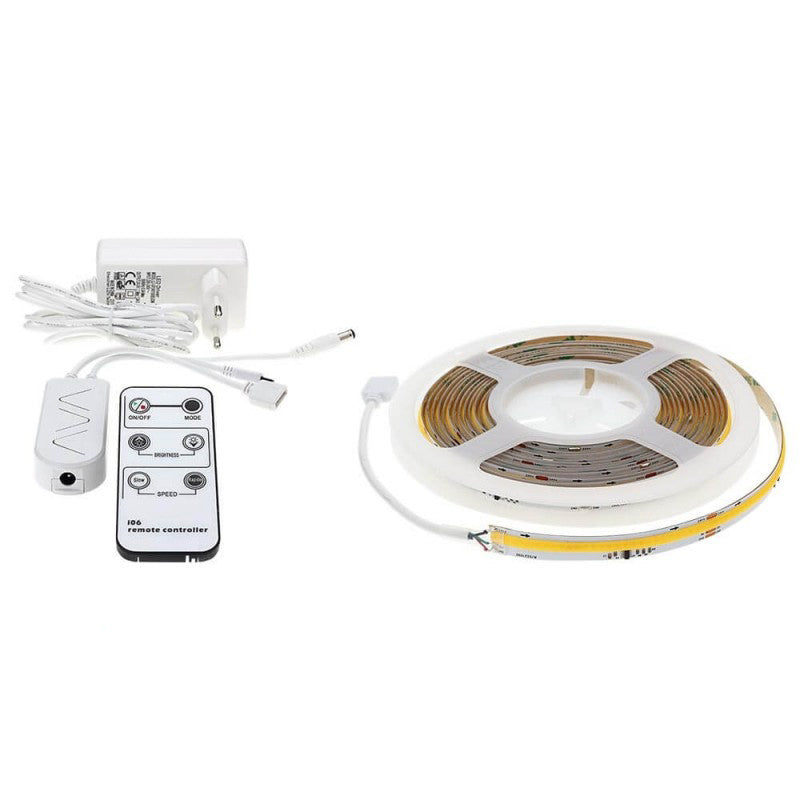 LED STRIP SET Power Supply 24V + Remote Control + 5M COB LED Strip Roll 360 SMD/M