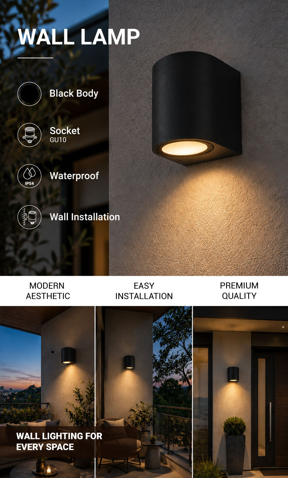 WALL LAMP ALUMINIUM BLACK BODY GU10 SOCKET - product view