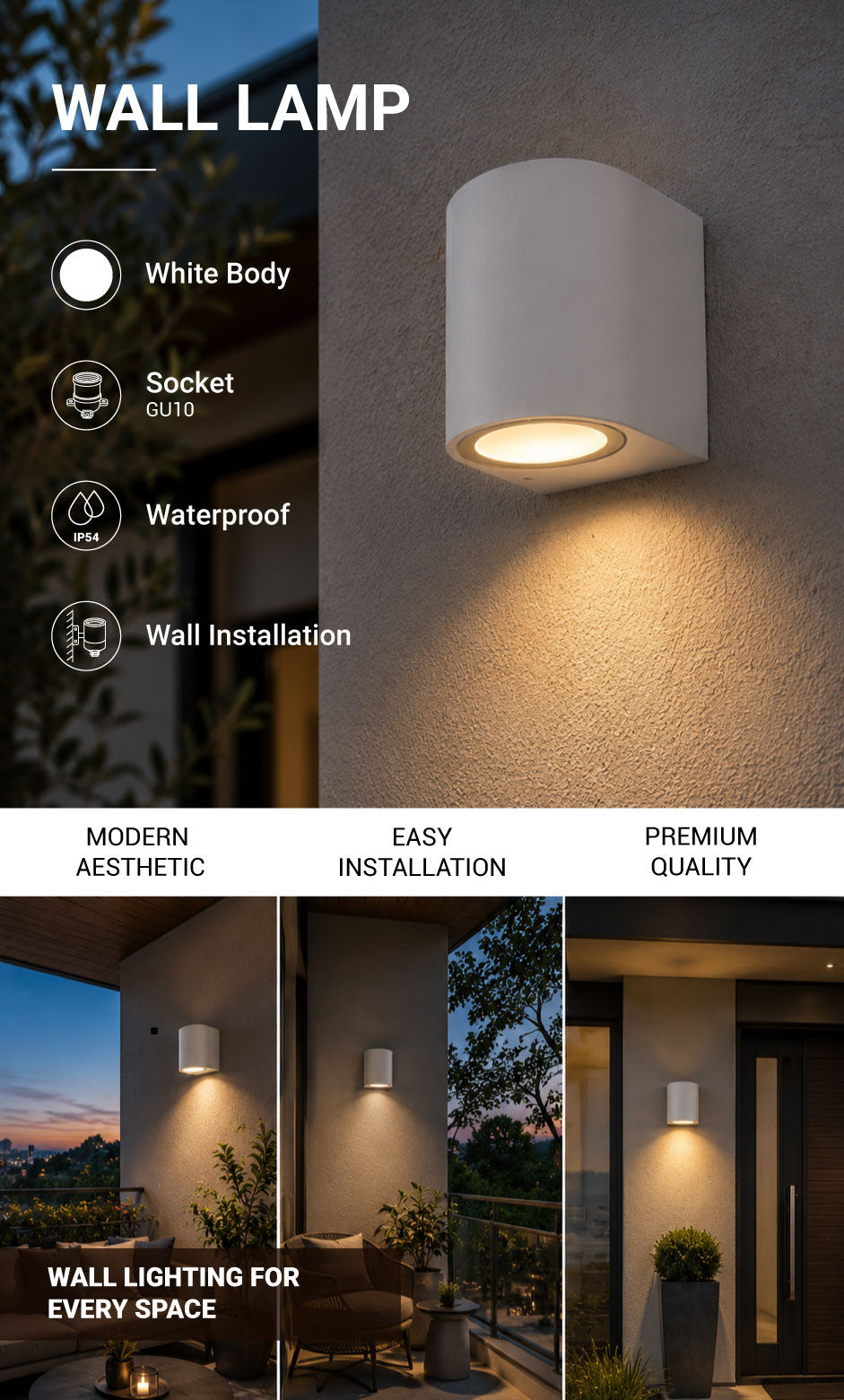 WALL LAMP ALUMINIUM WHITE BODY GU10 SOCKET - product view