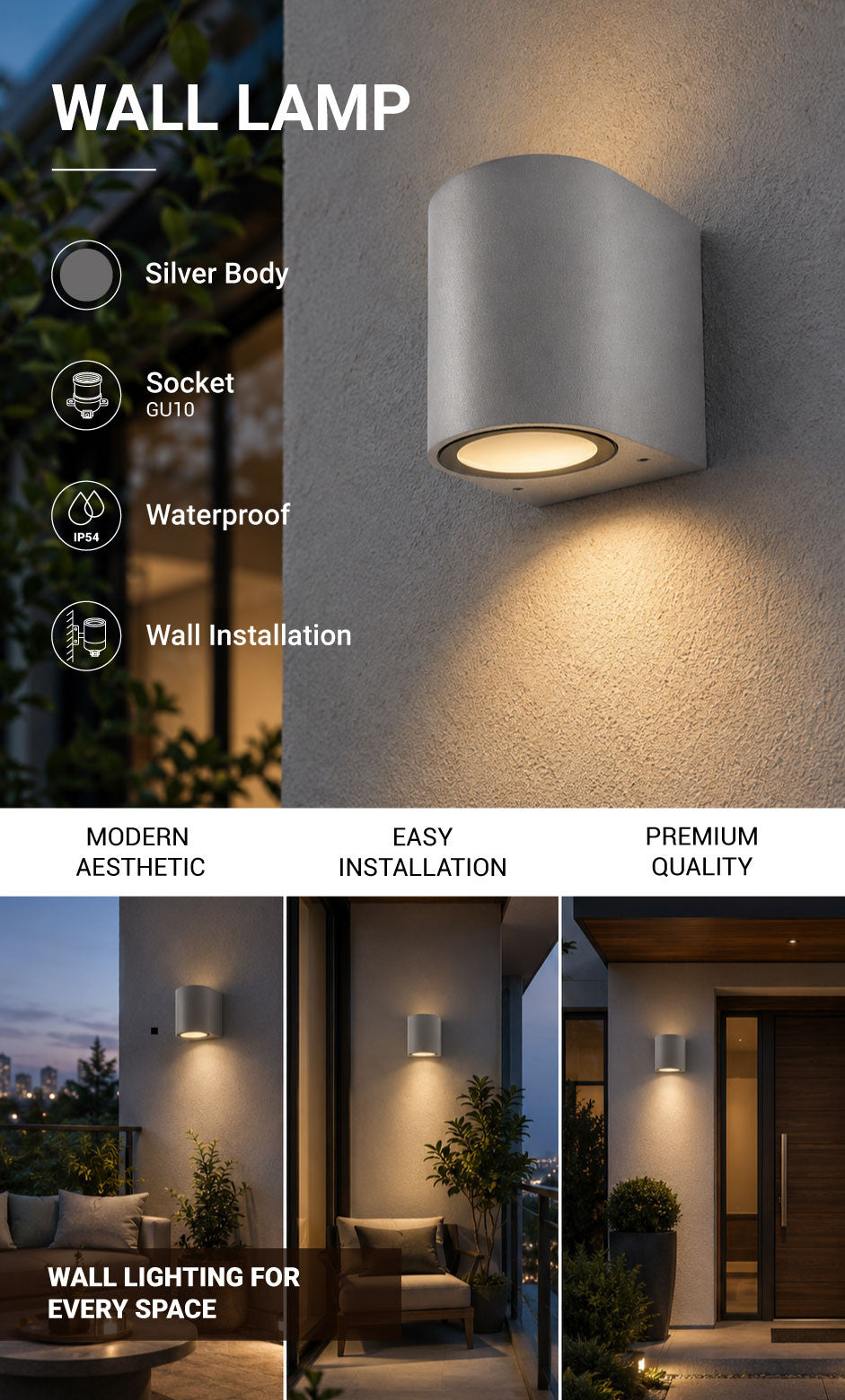 WALL LAMP ALUMINIUM SILVER BODY GU10 SOCKET - product view
