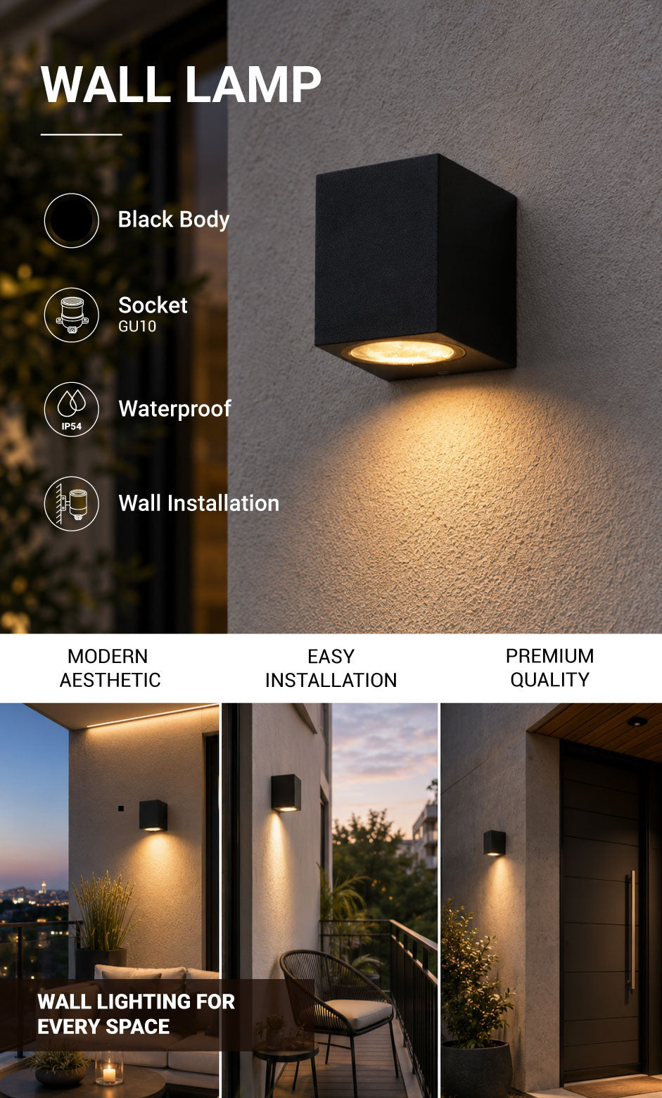 WALL LAMP ALUMINIUM BLACK BODY GU10 SOCKET - product view