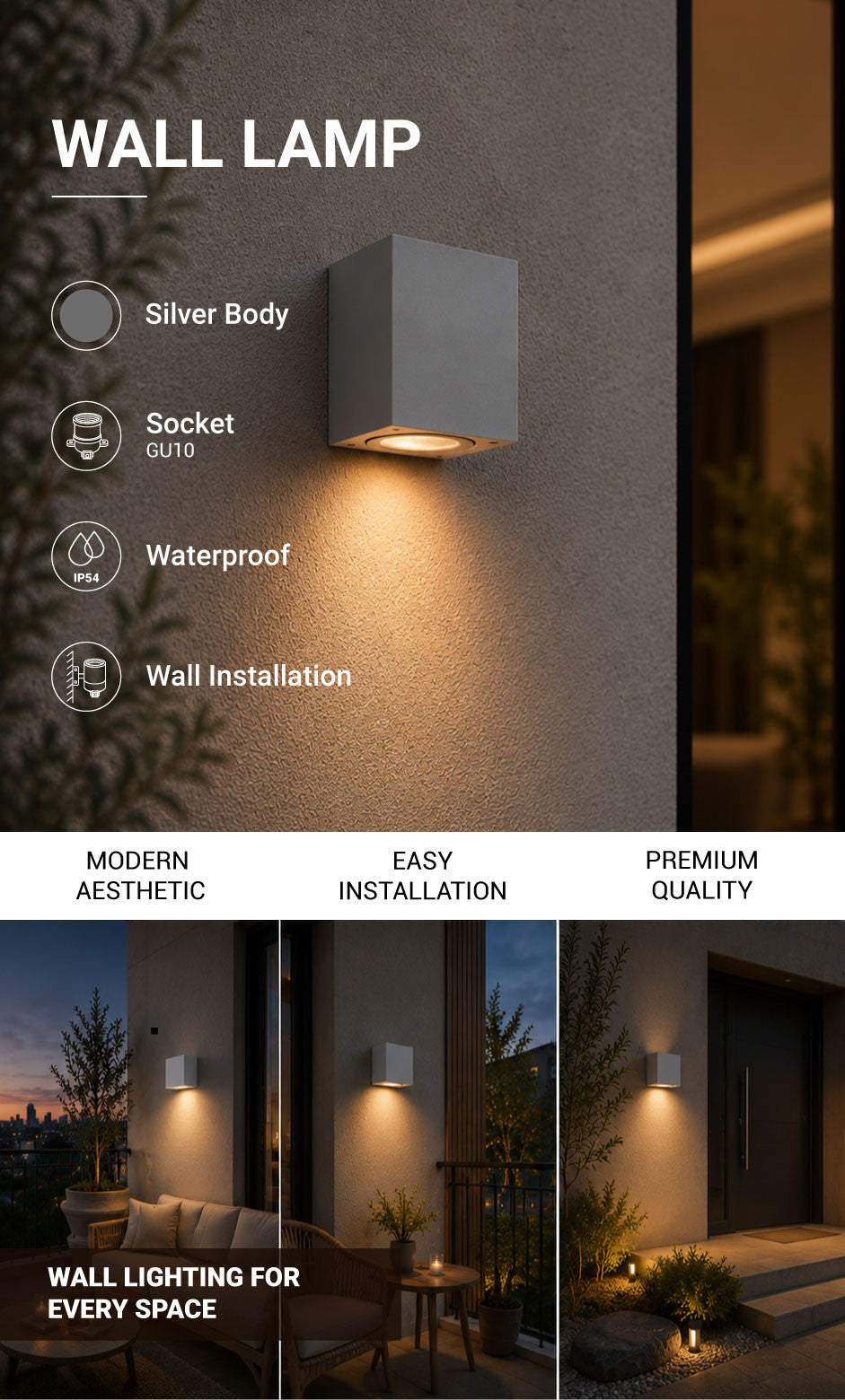 WALL LAMP ALUMINIUM SILVER BODY GU10 SOCKET - product view