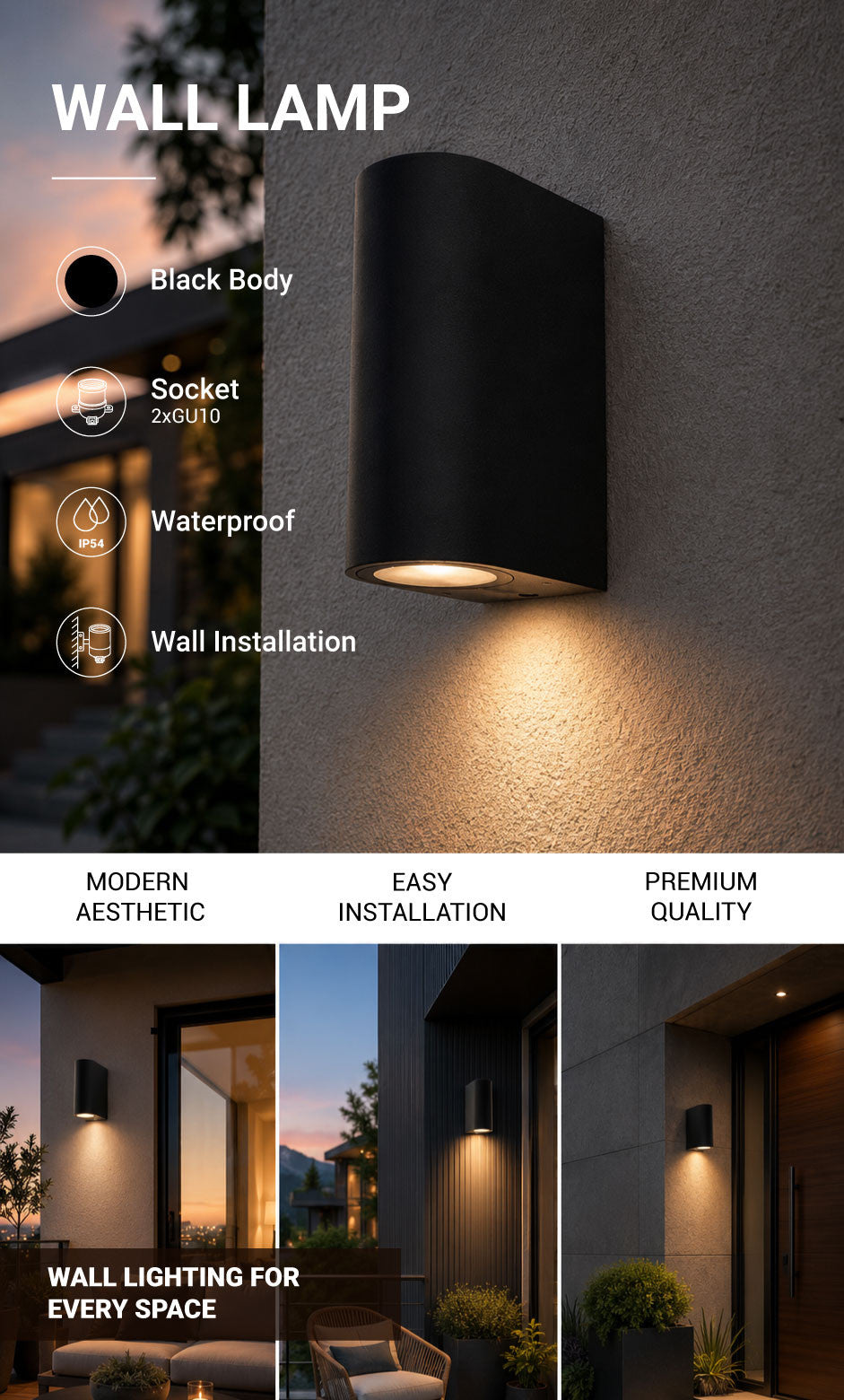 WALL LAMP ALUMINIUM BLACK BODY 2xGU10 SOCKET - product view