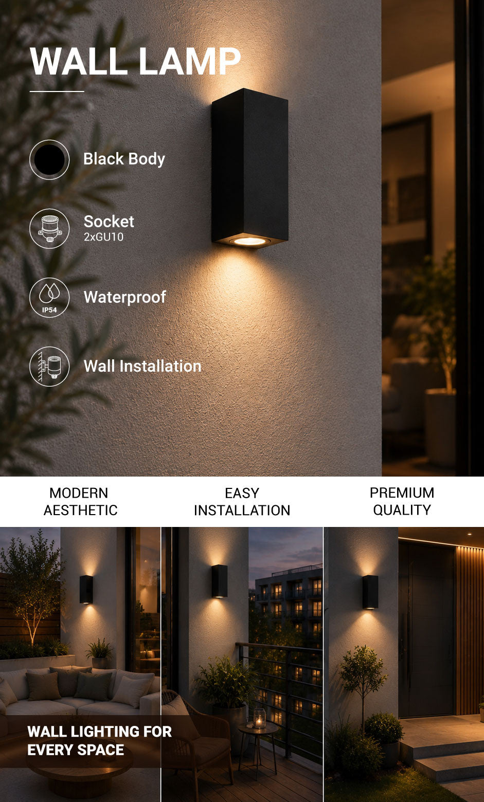 WALL LAMP ALUMINIUM BLACK BODY 2xGU10 SOCKET - product view