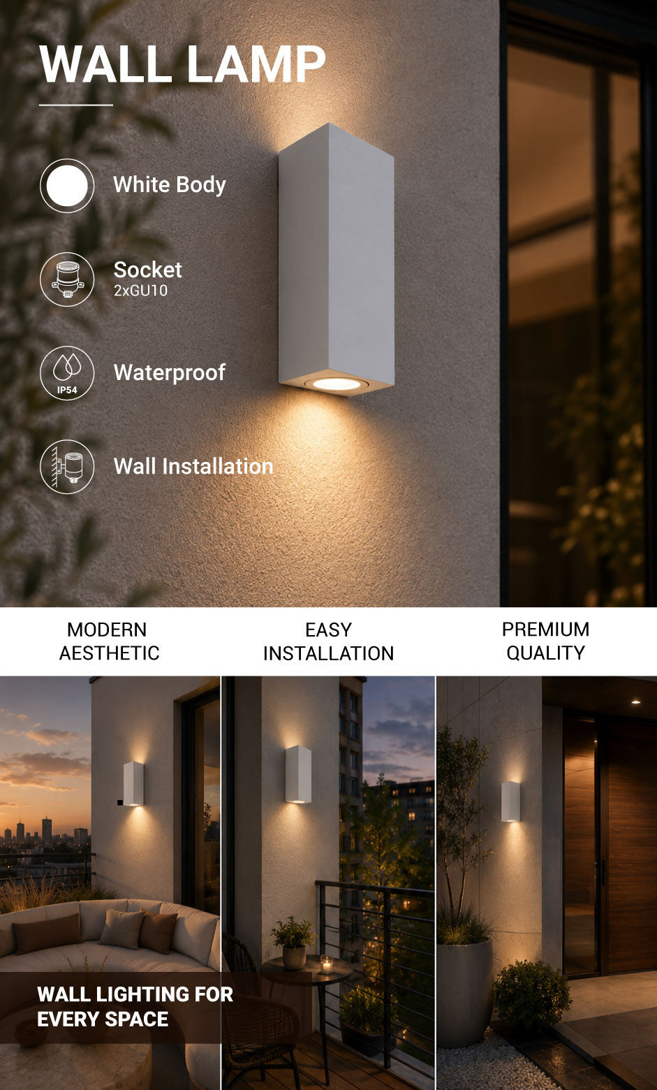 WALL LAMP ALUMINIUM WHITE BODY 2xGU10 SOCKET - product view