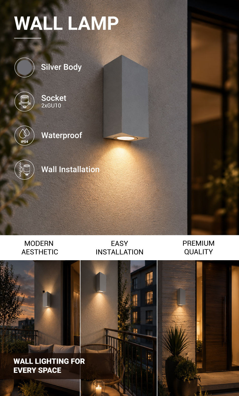 WALL LAMP ALUMINIUM SILVER BODY 2xGU10 SOCKET - product view