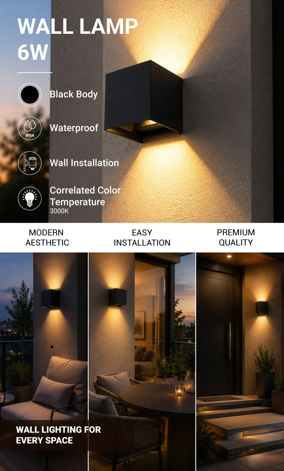 LED Wall Light Black Body Square - product view