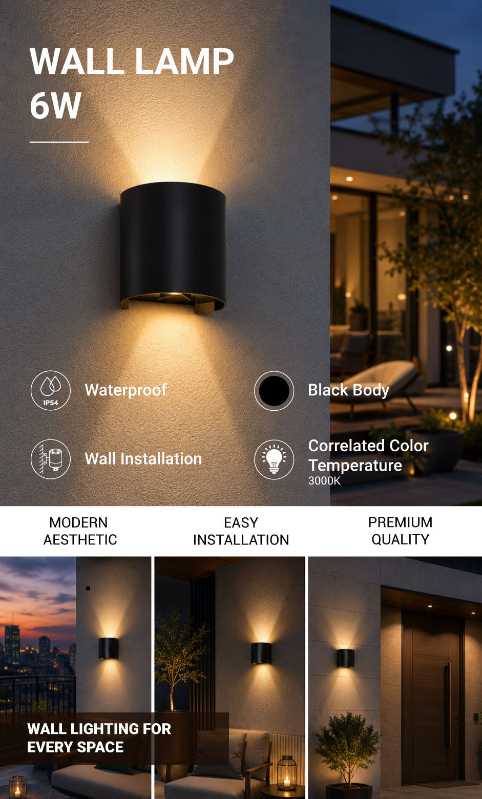 LED Wall Light Black Body Round - product view