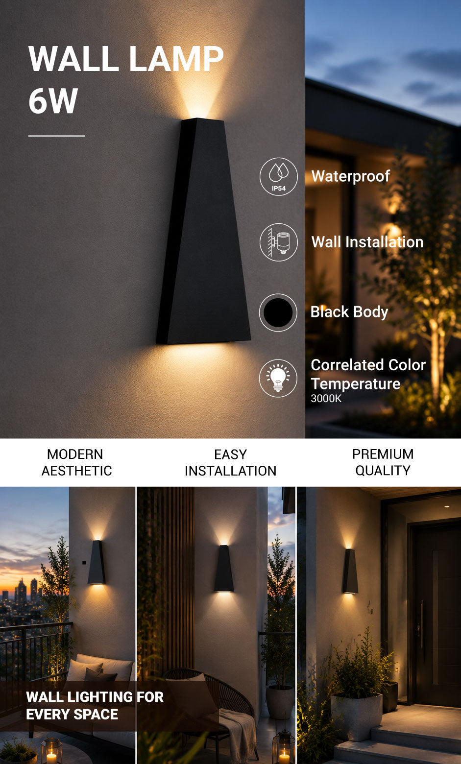 LED Wall Light Black Body - product view